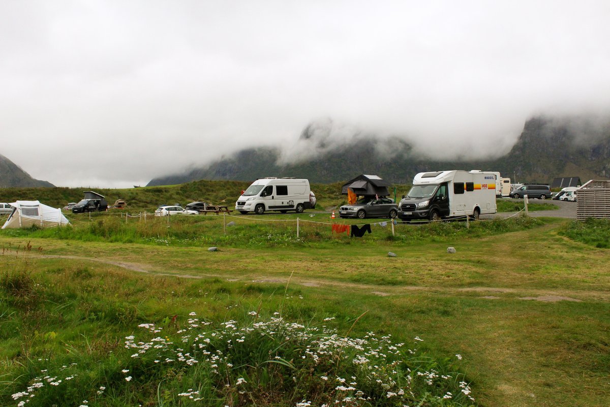Campervans parked on a green meadow beneath misty mountains in Lofoten