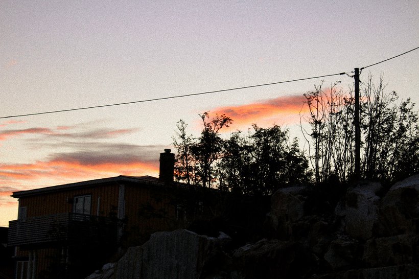 Silhouettes of houses and trees against a pink sky after dusk in Lofoten